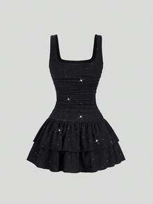 Sweetra Nuevo vestido mini ajustado y brillante con dobladillo de pastel para fiestas, para mujer, para otoño/invierno - Negro - Ver 2