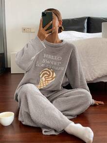 DAZY 2pcs Ice Cream Print Fleece Knit Loose Pajama Set For Women, Autumn/Winter - Light Grey - View 7