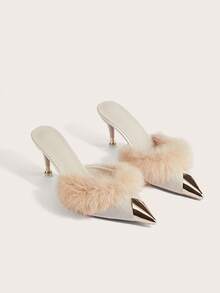 Enchnt Women Mules Heels Fluffy Decor Pointed Toe Slip On Backless Slides, Fashion Casual Mules For Fall/Winter,Sexy,Women Pumps - Beige - View 3