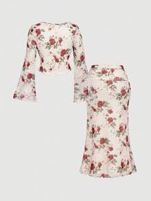 SHEIN MOD 女士加大码V领印花扭结前襟长袖上衣和半裙度假套装 - 彩色 - 查看 13