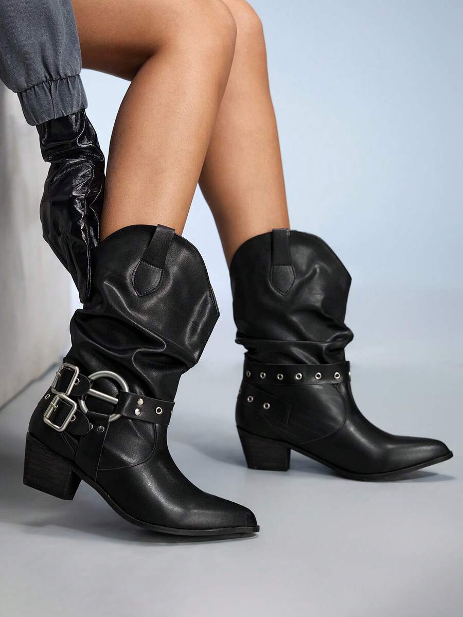 CUCCOO GRLICON 女士尖头搭扣设计褶皱粗跟中筒靴 - 黑色 - 查看 1