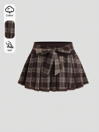 Sweetra Autumn/Winter New Vintage Sexy Slim Fit Coffee Color Sexy Style Bow Lace Trim Plaid Versatile Elegant Fashion Skirt For Women