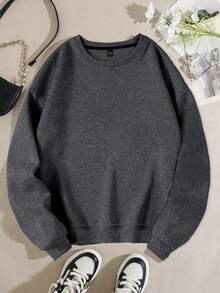 Flirla 大码女式纯色圆领保暖内衬卫衣 - 灰色 - 查看 1