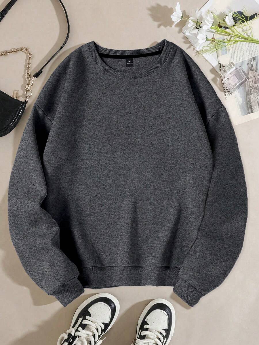 Flirla 大码女式纯色圆领保暖内衬卫衣 - 灰色 - 查看 1