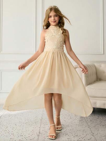 Elegant Chiffon Dress For Tween Girls Fitted Halter Neck Gown Suitable For Evening Party, Christmas, Halloween, Wedding, Prom, Vacation, Graduation