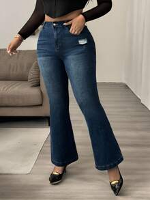 Hourglow Plus Size Women Casual Commuter Street Distressed Flare Jeans/Autumn /Winter - Blue - View 13