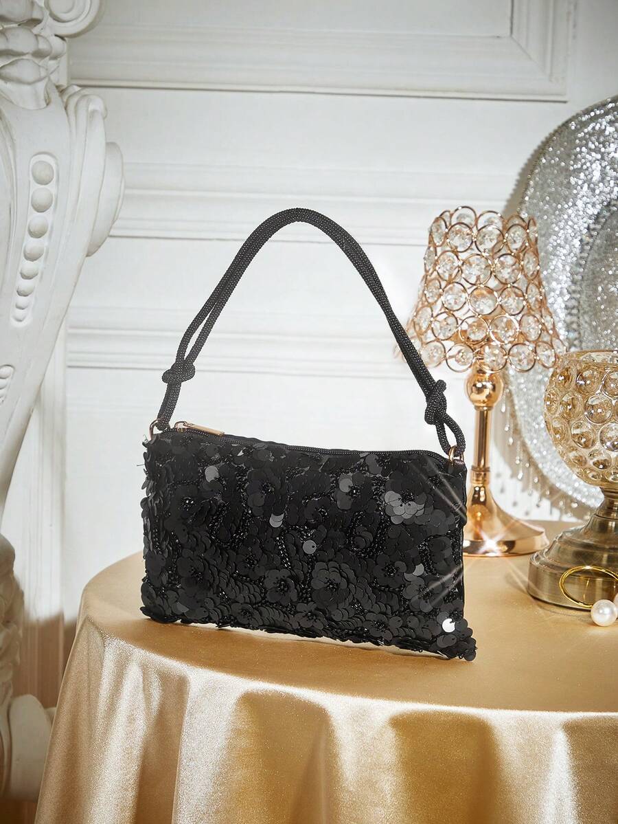 SHECARRY Geantă de umăr cu paiete și model floral pentru femei, potrivită pentru scene de petrecere și întâlniri - Negru - Vizualizare 1