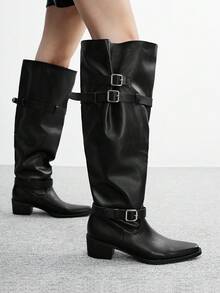 CUCCOO BIZCHIC Women's Fashionable Versatile Commuting Adjustable Buckle Chunky Heel Over-The-Knee Boots For Christmas - Black - View 4