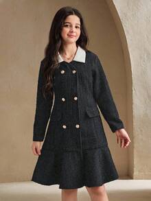 SHEIN Abrigo de lana con cuello vuelto, manga larga, doble botonadura y dobladillo con volantes en bloques de color para niña preadolescente - Negro - Ver 4