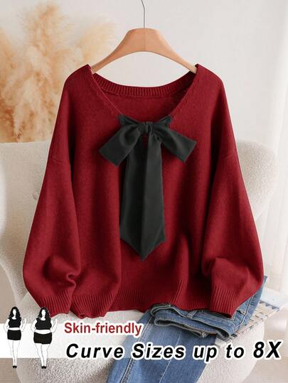 SHEIN CURVE+ Plus Size Crew Neck Bowknot Knit Pullover Sweater, Christmas/Winter