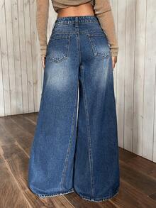 SHEIN PETITE 女式高腰口袋阔腿宽松休闲百搭牛仔裤 - 藍色 - 查看 2