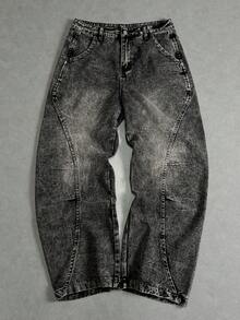 Manfinity ZONE917 男士纽扣口袋直筒休闲宽松牛仔裤，街头潮流百搭 - 灰色 - 查看 1