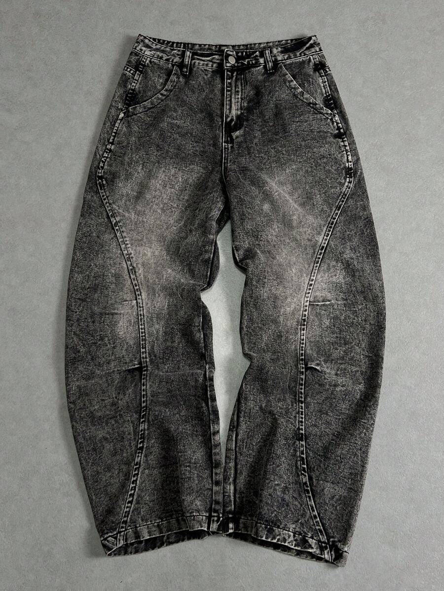 Manfinity ZONE917 男士纽扣口袋直筒休闲宽松牛仔裤，街头潮流百搭 - 灰色 - 查看 1