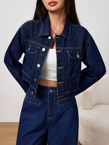 SHEIN PETITE 女士休闲水洗短款牛仔外套，秋冬季舒适休闲百搭通勤水洗牛仔外套