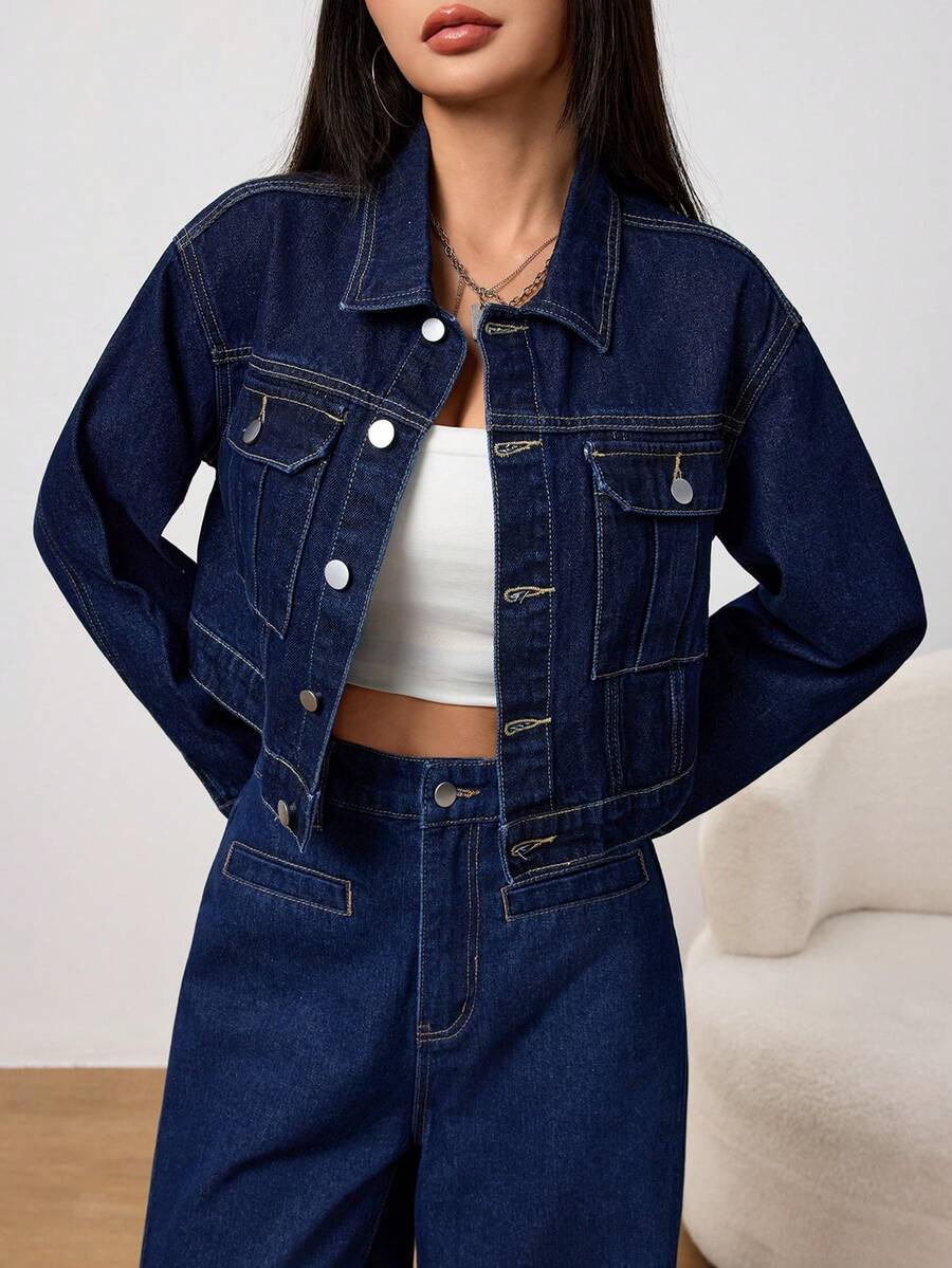 SHEIN PETITE 女士休闲水洗短款牛仔外套，秋冬季舒适休闲百搭通勤水洗牛仔外套