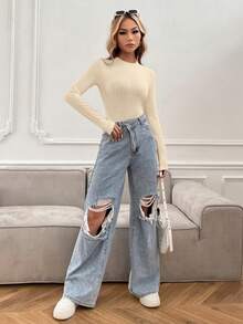 Siren Gaze Bộ đồ liền thân dệt kim dài tay thường ngày màu trơn, mùa xuân thu - Màu be - Xem 5