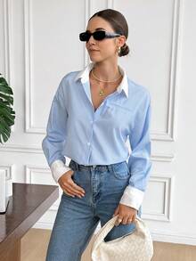 SHEIN Frenchy 女士清新条纹 Polo 领长袖衬衫 - 藍白色 - 查看 6