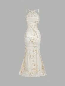 SHEIN MOD 优雅褶裥胸部修身鱼尾刺绣连衣裙（女款） - 杏色 - 查看 2