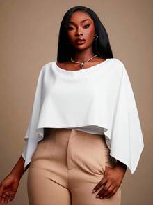 Radiana Plus Size Women's Elegant Sexy Daily Basic Apricot Solid Color Elegant Off Shoulder Batwing Cape Style Bodysuit - White - View 5