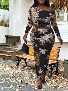 Hourglow Dollyholly86 Elegantes Pendler-Set in Große Größen mit floralem Muster, asymmetrischem Kragen, Crop-Top und Maxirock, für Herbst/Winter, für Sanduhrfigur - Schwarz - Übersicht 7
