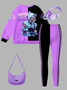 SHEIN Bộ 2 món/Bộ áo nỉ và quần legging in họa tiết thể thao điện tử dành cho bé gái, trang phục thường ngày thời trang dành cho bé gái tuổi teen, phù hợp cho mùa thu/đông - Nhiều màu - Xem 3