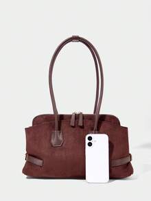 SHECARRY SUEDETTE LARGE CAPACITY NICHE HIGH SENSE RETRO COMMUTING SHOULDER HANDBAG AUTUMN AND WINTER - Dark coffee - View 4