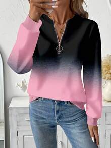 EMERY ROSE Plus Size Women Casual Textured Striped Print Zip-Up Crew Neck Sweatshirt, American Minimalist Style Women Sweatshirts Women Long Sleeve Tops Winter Tops For Women Pullover For Women - Multicolor - View 5