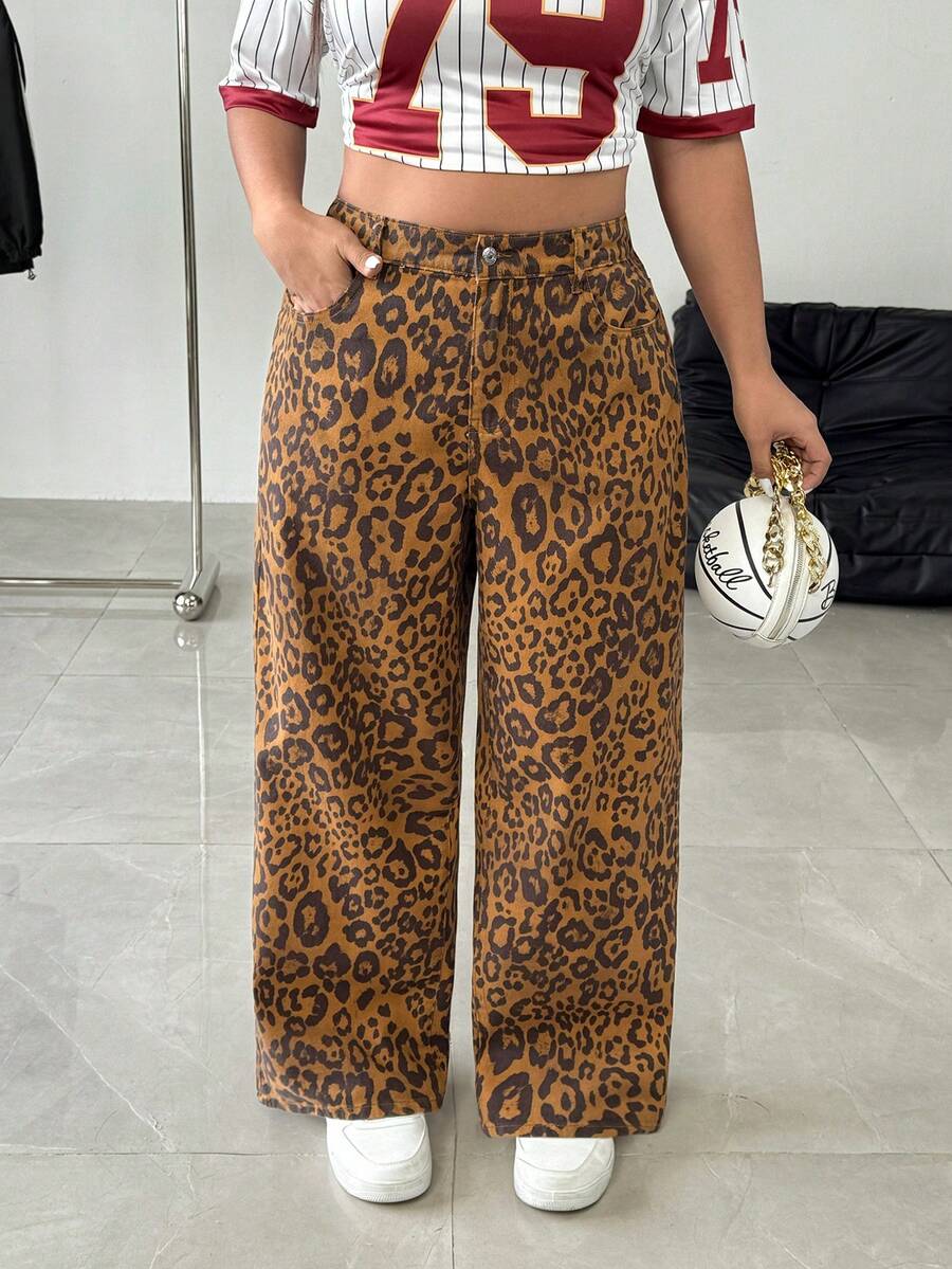 Flirla Plus Size Women's Y2K Streetwear Leopard Print Baggy Jeans - Multicolor - View 1