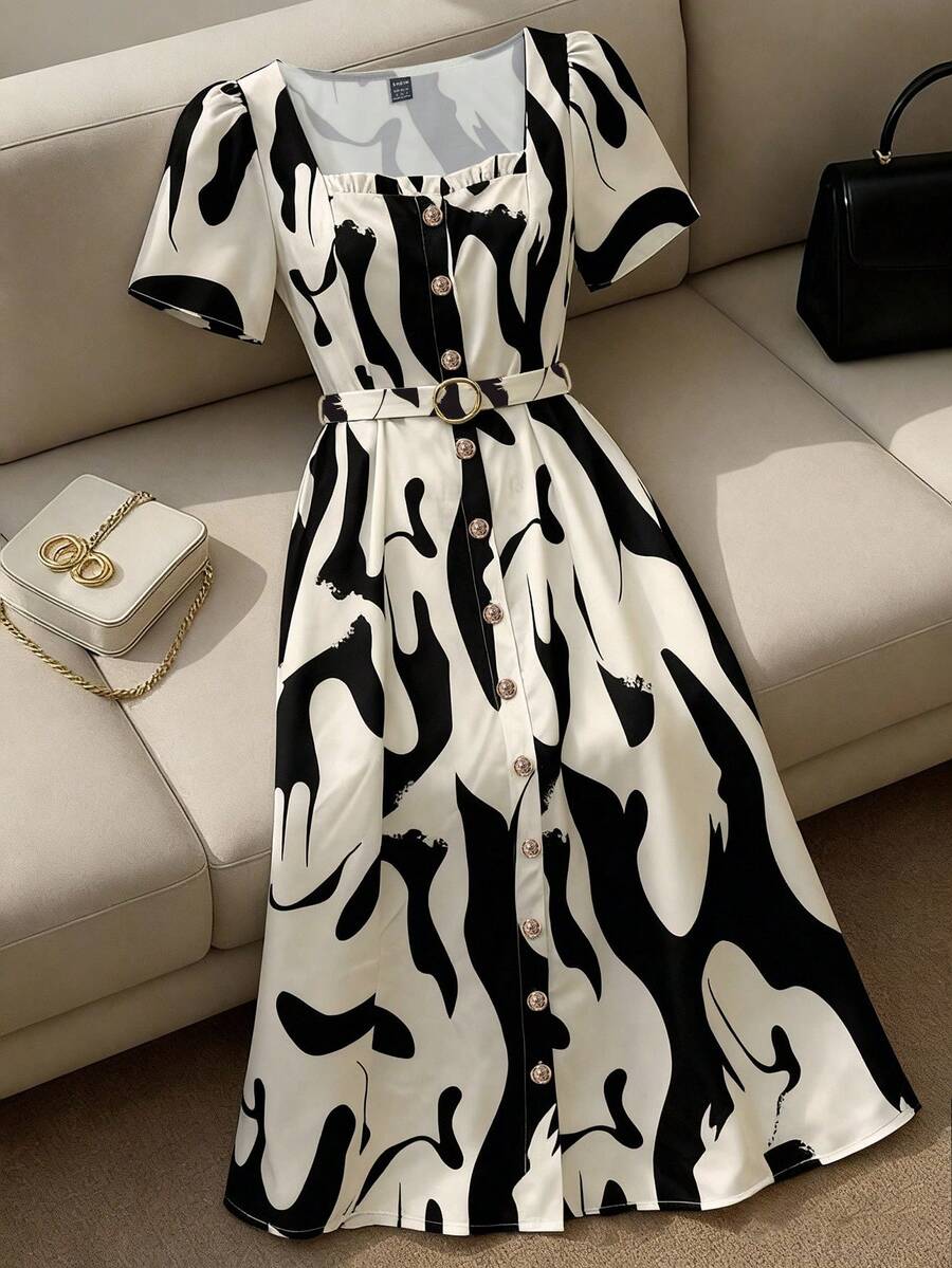 Franclia 女士优雅复古极简主义钥匙孔领泡泡袖系腰中长连衣裙 - 彩色 - 查看 1