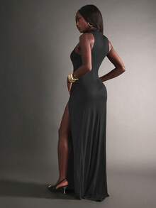 Hauture Sexy Party Night Out Elegant High Neck Sleeveless Front Slit Cocktail Maxi Dress - Black - View 3