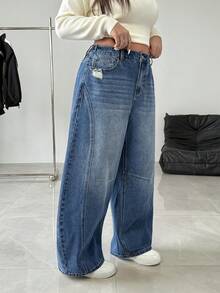 SHEIN EZwear Plus Size Women Vintage Blue Flared Jeans, High Waist Loose Fit Barrel Leg Jeans - Blue - View 4
