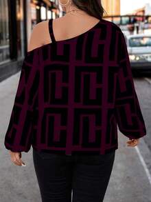 EMERY ROSE Plus Geo Print Asymmetrical Neck Lantern Sleeve Blouse, For Thanksgiving One Shoulder Top - Red Violet - View 2