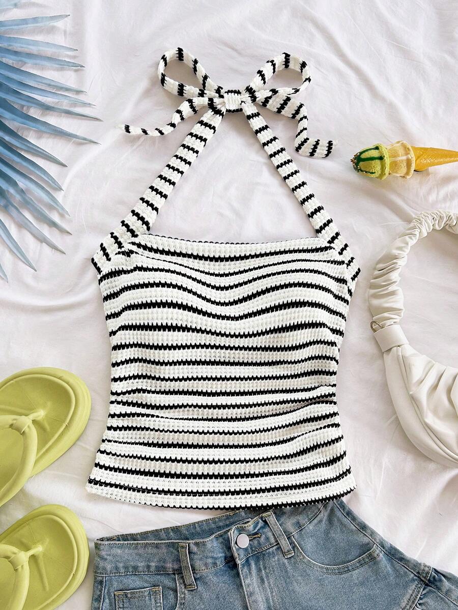 Soleia Women's Vacation Halter White Knit Textured Fitted Camisole,Tank Top - Black and White - View 1