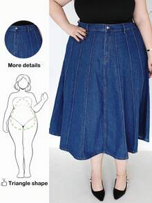 Truni Blue Plus Size Denim Skirt Mid-Length Loose Umbrella Skirt Autumn Skirt, For Pear Triangle Body Shape - Dark Wash - View 1
