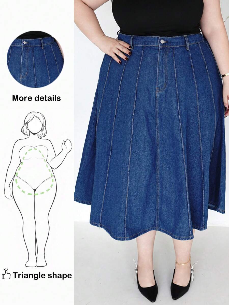 Truni Blue Plus Size Denim Skirt Mid-Length Loose Umbrella Skirt Autumn Skirt, For Pear Triangle Body Shape - Dark Wash - View 1