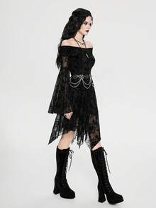 Breakform 女士哥特风性感优雅露肩荷叶边十字吊坠喇叭袖植绒复古迷你连衣裙 - 黑色 - 查看 1