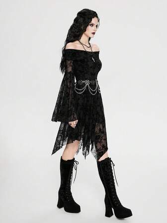 Breakform Women's Gothic Style Sexy & Elegant Off Shoulder Ruffle Cross Pendant Bell Sleeve Flocked Retro Mini Dress