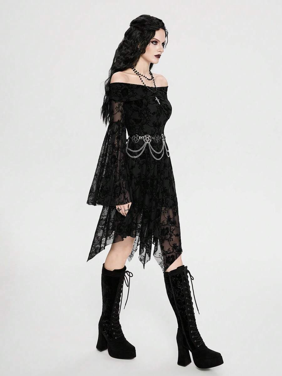 Breakform 女士哥特风性感优雅露肩荷叶边十字吊坠喇叭袖植绒复古迷你连衣裙 - 黑色 - 查看 1