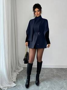 SHEIN Clasi 女士时尚卡其色斗篷披肩围巾腰带装饰外套 - 寶藍色 - 查看 3