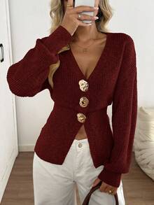 Easowa New Autumn Casual Dropped Shoulder Cinched Waist Elegant Cardigan For Women - Burgundy - View 1