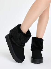 ROMWE Grunge Punk 2025 新款女式雪地靴，厚底厚底短靴，保暖内衬，休闲保暖平底中跟舒适防滑中筒靴，毛绒领口一脚蹬时尚高端，尺码偏大 - 黑色 - 查看 1