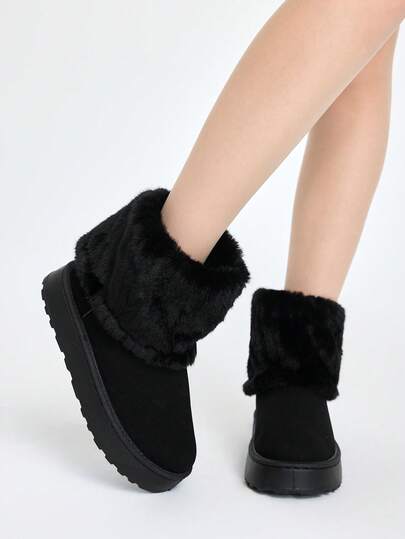 ROMWE Grunge Punk 2025 新款女式雪地靴，厚底厚底短靴，保暖内衬，休闲保暖平底中跟舒适防滑中筒靴，毛绒领口一脚蹬时尚高端，尺码偏大