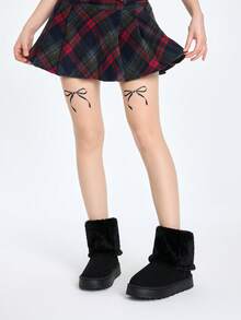 ROMWE Grunge Punk 2025 新款女式雪地靴，厚底厚底短靴，保暖内衬，休闲保暖平底中跟舒适防滑中筒靴，毛绒领口一脚蹬时尚高端，尺码偏大 - 黑色 - 查看 2