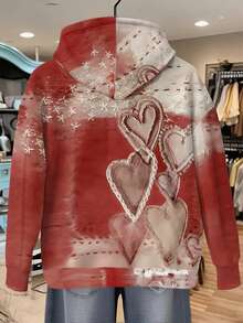 Glissea Romantischer Meersalz-Herz-Muster, Vintage-Rot mit dreidimensionalem Alterungseffekt Kapuzen-Damen-Sweatshirt, geeignet für Herbst und Winter, Modisches Sweatshirt, Schönes Sweatshirt, Geschwister-Geschenk, Schwester-Geschenk, Lustiges Sweatshirt, Lässiges, einfaches Mode-Sweatshirt - Rot - Übersicht 2