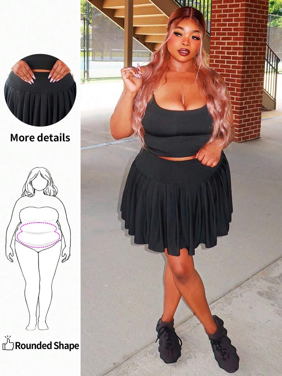Enliva 大码女式百褶裙，黑色女式半身裙，带口袋隐私保护裙，可爱半身裙，休闲百搭，大学生 - 黑色 - 查看 1