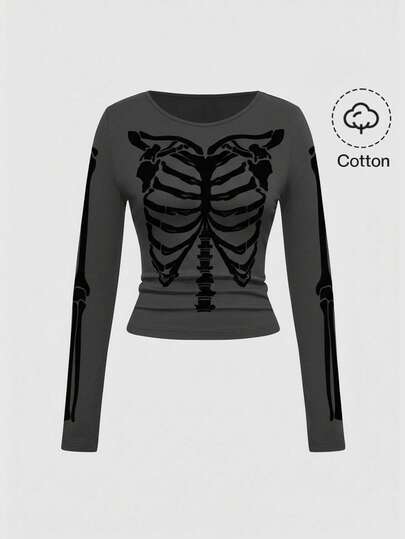 Grunge Punk Gothic Skeleton Graphic Tight Fit Round Neck Women T-Shirt, Dark & Mysterious