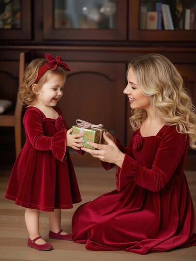 1 件装可爱女婴针织红色连衣裙带蕾丝装饰，适合秋冬季，红色适合圣诞节、派对装、日常装、上学日常、生日礼服、公主裙、母女姐妹搭配