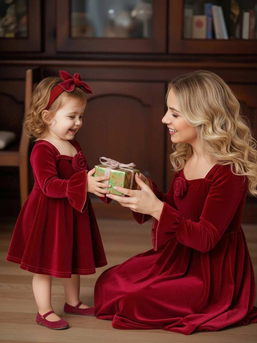 1 件装可爱女婴针织红色连衣裙带蕾丝装饰,适合秋冬季,红色适合圣诞节、派对装、日常装、上学日常、生日礼服、公主裙、母女姐妹搭配 - 紅色 - 查看 1