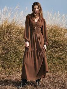 Florisole 女士秋冬波西米亚风优雅雪纺连衣裙，收腰设计，高品质 - 棕色 - 查看 6