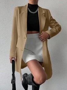 EURMUSE 女士简约通勤工作服纯色翻领翻盖细节双排扣西装外套和铅笔裙套装 - 駝色 - 查看 4